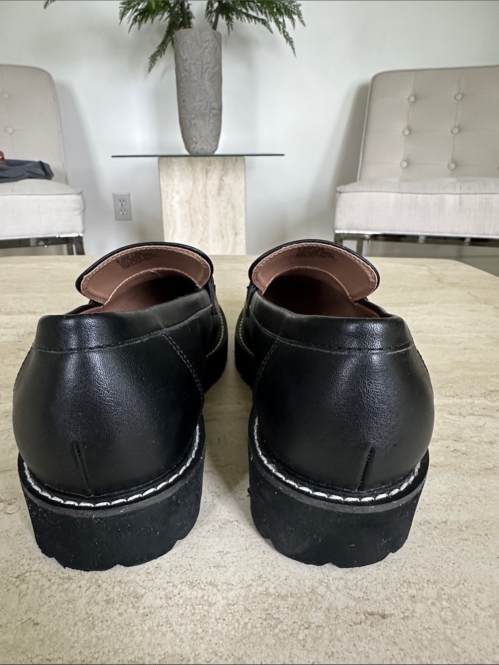 BCBGeneration Black Leather Loafers with Gold Chain Accent - Picture 3 of 7